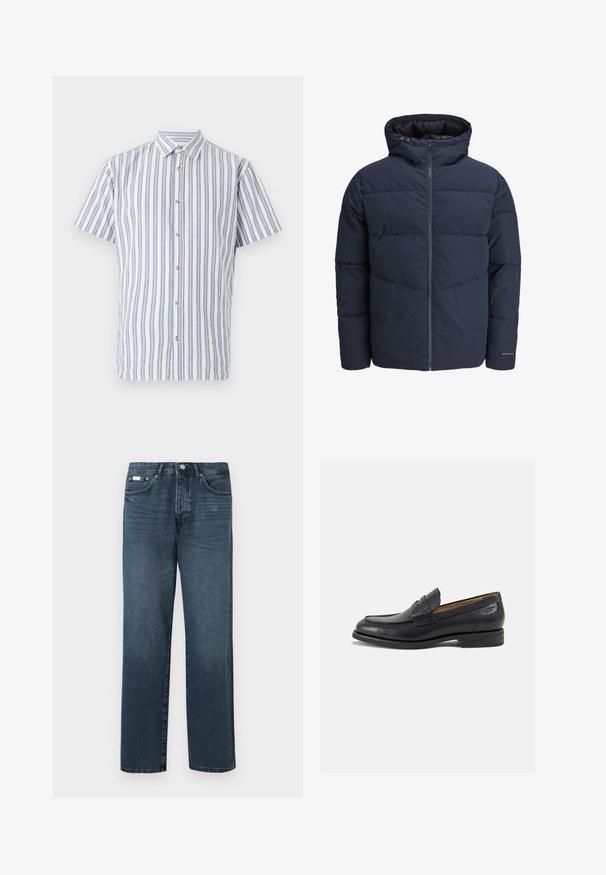 Marineblå pufferjakke med hætte, lynlås foran og chevron syning mønster. Lavet af tekstureret stof med elastiske manchetter og logo detaljer.; Kortærmet skjorte i lys blå og hvide striber, med en knappet front og beige knapper. Lavet af tekstureret stof.; Langærmet hvid T-shirt lavet af blødt stof, med rund halsudskæring og enkelt design uden synlige mønstre eller dekorationer.; Mørkeblå denimbukser med lige pasform, fem lommer, bæltestropper og lynlås. Glat tekstur med subtile blegede detaljer.; Sorte læder loafers med en glat finish, rund tå og dekorativ syning på vampen. Lav stablet hæl og let glans.