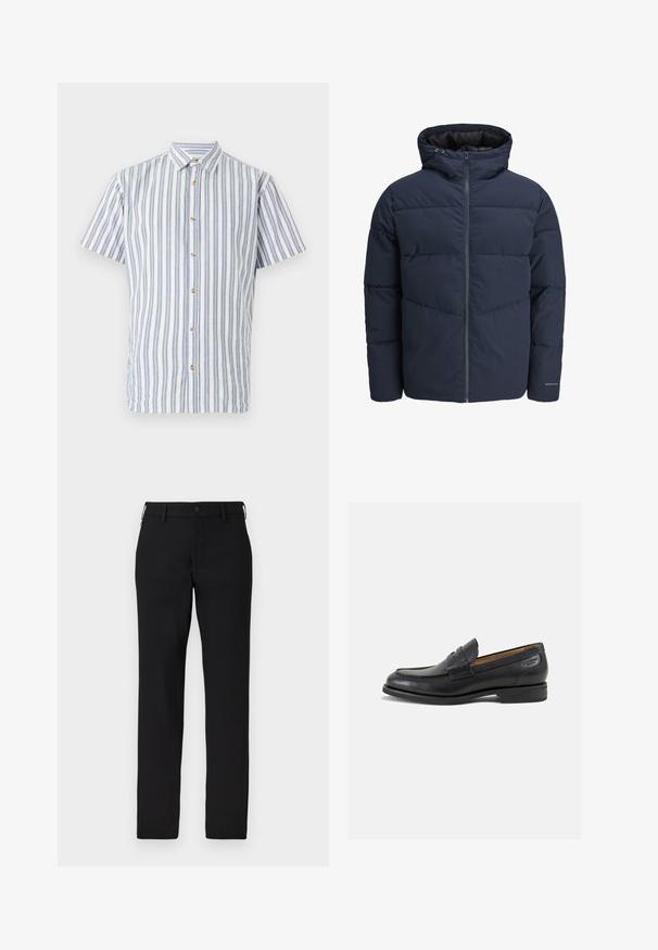 Navy puffer jacket with a hood, zip front, and chevron stitching pattern. Made from textured fabric with elastic cuffs and a logo detail.; Short-sleeve shirt in light blue and white stripes, featuring a button-down front and beige buttons. Made from textured fabric.; Black trousers made of smooth fabric, with a straight-leg design, a button closure, and belt loops. No visible patterns or accents.; Black leather loafers with a smooth finish, rounded toe, and decorative stitching on the vamp. Low stacked heel and slight shine.