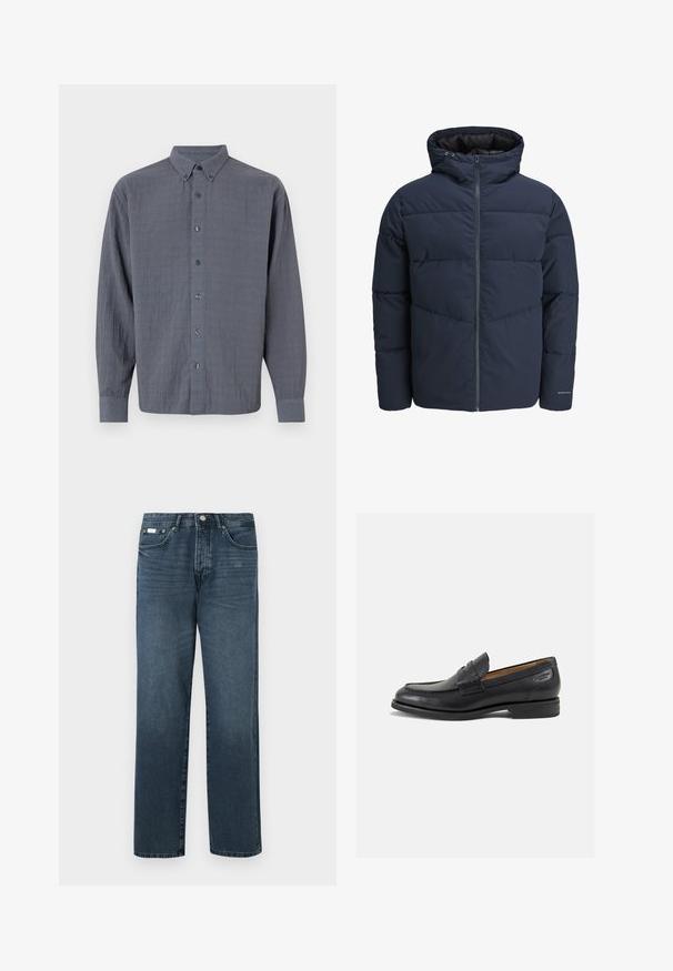 Ναυτικό μπουφάν με κουκούλα, μπροστινό φερμουάρ και σχέδιο βέλους. Κατασκευασμένο από υφασμάτινη υφή με ελαστικούς καρπούς και λεπτομέρεια λογότυπου.; Γκρίζο πουκάμισο με μακριά μανίκια, φτιαγμένο από υφασμάτινο υλικό με υφή, διαθέτοντας κλασικό γιακά και έξι κουμπιά μπροστά.; Σκούρα μπλε τζιν παντελόνια με ίσια γραμμή, πέντε τσέπες, θηλιές για ζώνη και φερμουάρ. Λείο υλικό με απαλές λεπτομέρειες ξεθωριάσματος.; Μαύρα δερμάτινα loafers με λείο φινίρισμα, στρογγυλή μύτη και διακοσμητική ραφή στη μπροστινή πλευρά. Χαμηλός σωρός και ελαφριά γυαλάδα.