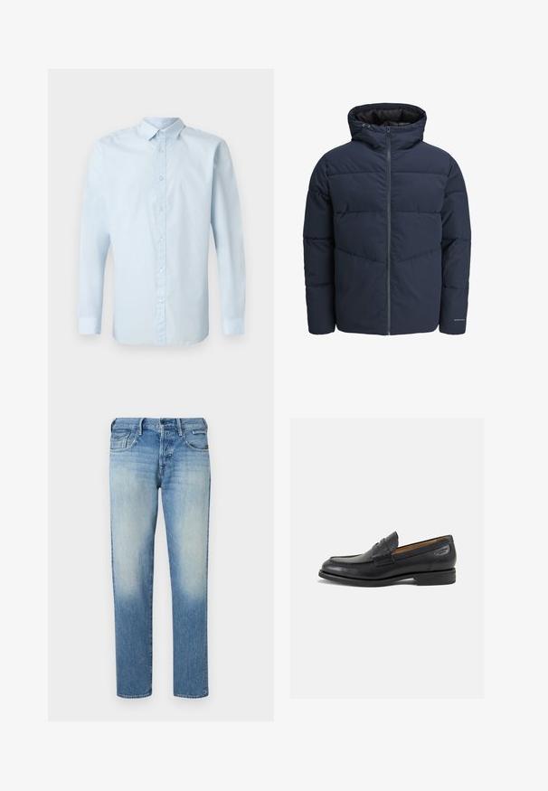 Meripihkalaavun takki hupulla, vetoketjulla ja chevron-niittykuviolla. Valmistettu teksturoidusta kankaasta, jossa on joustavat hihansuut ja logoyksityiskohta.; Vaaleansininen pitkähihainen paita, joka on valmistettu sileästä kankaasta. Paidassa on napitettava etuosa, normaali kaulus ja napilliset hihansuut.; Vaaleansiniset farkut haalistuneella pinnalla, suorat lahkeet, viisi taskua ja nappikiinnitys. Ompeleet ja merkkilappu takana.; Mustat nahkaloaferit, joissa on sileä pinta, pyöreä varvas ja koristeompeleet varpaansuojassa. Matala pinottu korko ja hieno kiilto.