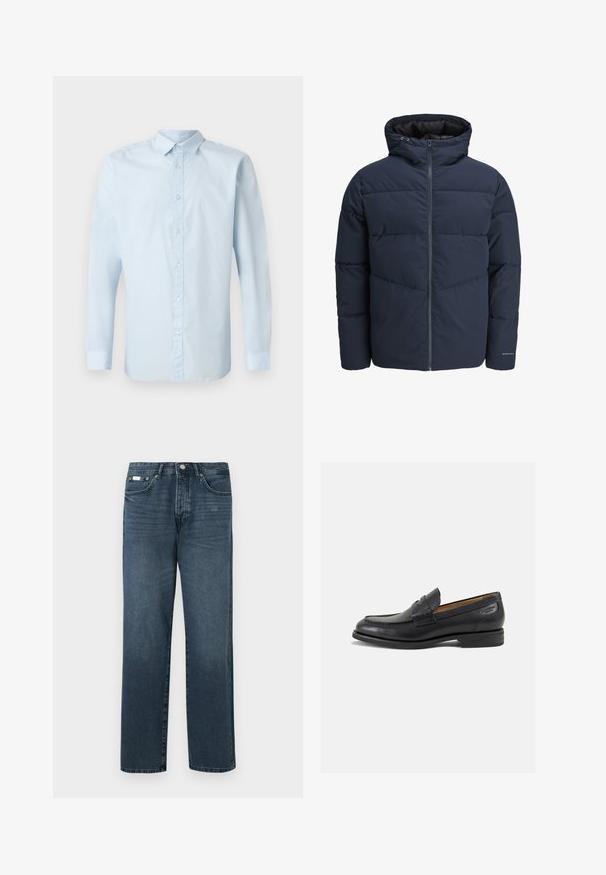 Marineblauwe pufferjas met capuchon, ritssluiting aan de voorkant en chevron-stikpatroon. Gemaakt van textiel met een gestructureerde stof, elastische manchetten en een logo-detail.; Lichtblauwe longsleeve shirt van gladde stof, met een knoopsluiting aan de voorkant, standaardkraag en knoopmanchetten.; Donkerblauwe denim jeans met een rechte pasvorm, vijf zakken, riemlussen en een ritsgulp. Glad textuur met subtiele vervagingdetails.; Zwarte leren loafers met een gladde afwerking, ronde neus en decoratieve stiksels op de wreef. Lage gestapelde hak en een lichte glans.