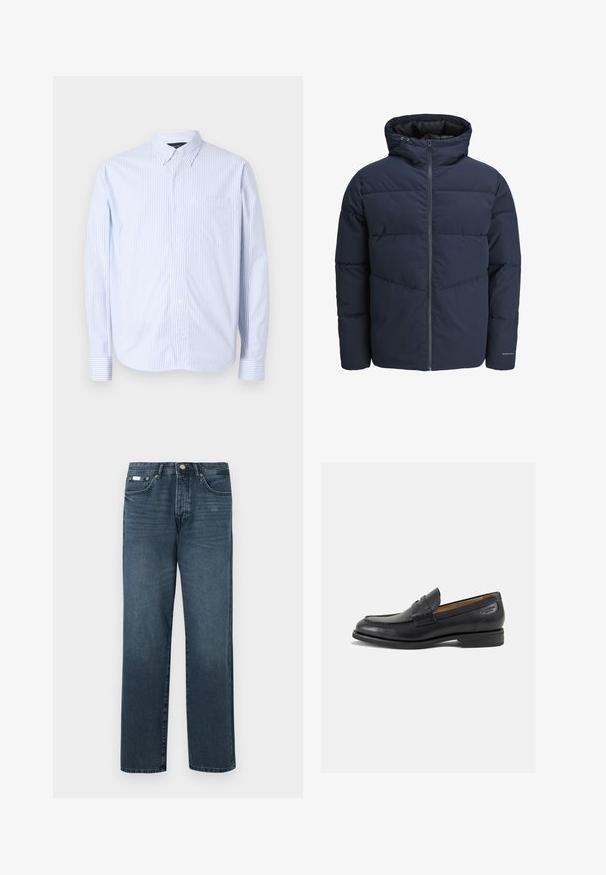 Veste en duvet navy avec capuche, fermeture éclair à l'avant et motif de piqûre en chevrons. Fabriquée en tissu texturé avec des poignets élastiques et un détail de logo.; Chemise à boutons en bleu clair et blanc à rayures verticales. Présente un col, des manches longues et une poche sur la poitrine. Fabriquée en tissu tissé.; Jean en denim bleu foncé avec une coupe droite, cinq poches, passants de ceinture et fermeture à glissière. Texture lisse avec des détails de décoloration subtils.; Mocassins en cuir noir avec une finition lisse, bout rond et coutures décoratives sur la tige. Talon bas empilé et léger brillant.