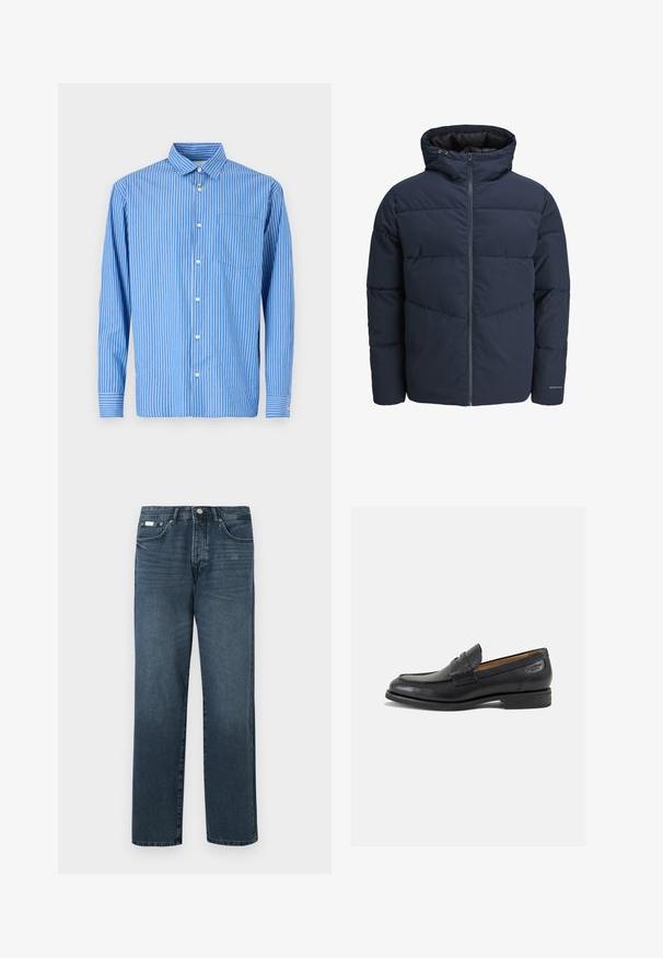 Marineblaue Pufferjacke mit Kapuze, Reißverschluss vorne und Chevron-Nähten. Hergestellt aus strukturiertem Stoff mit elastischen Bündchen und einem Logodetail.; Blau-weiß gestreiftes Langarmhemd, mit Knopfleiste, klassischem Kragen und einer einzelnen Brusttasche. Aus weichem Baumwollmaterial.; Dunkelblaue Jeans aus Denim mit geradem Schnitt, fünf Taschen, Gürtelschlaufen und Reißverschluss. Glatte Textur mit dezenten Ausbleichungen.; Schwarze Leder Slipper mit glatter Oberfläche, runder Spitze und dekorativer Naht auf dem Vorderblatt. Niedriger Blockabsatz und leichter Glanz.