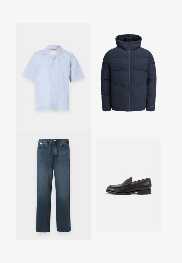 Granatowa kurtka puchowa z kapturem, zapinana na zamek, z wzorem w zygzak. Wykonana z teksturowanej tkaniny, z elastycznymi mankietami i detalem z logo.; Jasnoniebieska koszula z krótkim rękawem, wykonana z lnu, z pionowymi białymi paskami, z ostro zakończonym kołnierzykiem i pięcioma guzikami z przodu.; Ciemnoniebieskie dżinsy o prostym kroju, pięć kieszeni, szlufki na pasek i zamek błyskawiczny. Gładka tekstura z delikatnymi szczegółami w odbarwieniach.; Czarne skórzane mokasyny o gładkim wykończeniu, zaokrąglonym nosku i dekoracyjnym przeszyciu na cholewce. Niski, warstwowy obcas i delikatny połysk.