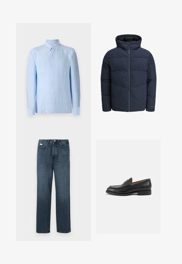 Marineblauwe pufferjas met capuchon, ritssluiting aan de voorkant en chevron-stikpatroon. Gemaakt van textiel met een gestructureerde stof, elastische manchetten en een logo-detail.; Lichtblauw, langarm overhemd met knoppen, gemaakt van textuurstof. Beschikt over een klassieke kraag en een voorste knoopsluiting.; Donkerblauwe denim jeans met een rechte pasvorm, vijf zakken, riemlussen en een ritsgulp. Glad textuur met subtiele vervagingdetails.; Zwarte leren loafers met een gladde afwerking, ronde neus en decoratieve stiksels op de wreef. Lage gestapelde hak en een lichte glans.