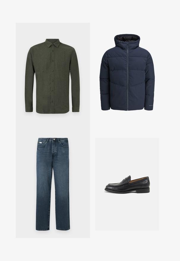 Jūras spēku stila pūkains džemperis ar kapuci, ar rāvējslēdzēju priekšpusē un ķevrona šuvju rakstu. Izgatavots no teksturēta auduma, ar elastīgām aprocēm un logotipa detalizāciju.; Tumši zaļa krekls ar garām piedurknēm un pogām, kas izlikts plakni uz balta fona.; Tumši zila džinsu auduma bikses ar taisnu piegriezumu, piecām kabatām, jostas cilpām un rāvējslēdzēju. Gluda struktūra ar smalki izpludinātiem detaļām.; Melnas ādas loafers ar gludu apdari, noapaļotu purngalu un dekoratīvām šuvēm uz virsu. Zems, sakrauta papēža un neliels spīdums.