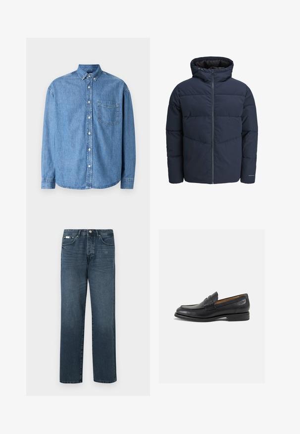 Sötétkék puffajacket kapucnival, cipzáros elülső résszel és chevron mintázattal. Texturált anyagból készült, rugalmas mandzsettákkal és logórészlettel.; Világoskék farmering hosszú ujjal, gombos gallérral, elülső zsebével és laza szabással. Az anyagtextúra simának és kopottnak tűnik.; Sötétkék denim farmernadrág egyenes szabással, öt zsebbel, övhurkokkal és cipzáras nyitással. Simaság és finom fakulási részletek jellemzik.; Fekete bőr loaferek sima felülettel, lekerekített orral és díszítő varrással a lábfejen. Alacsony, réteges sarkú és enyhe fényű.