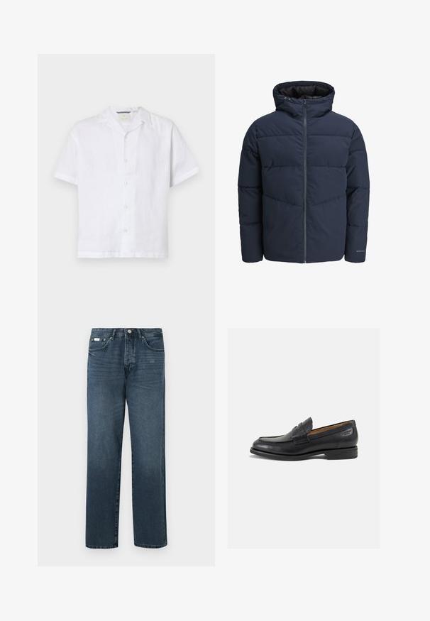 Giacca a vento blu navy con cappuccio, chiusura con zip e motivo a zig-zag. Realizzata in tessuto testurizzato con polsini elasticizzati e dettaglio del logo.; Camicia bianca a maniche corte realizzata in lino leggero, con colletto a camicia e chiusura anteriore con bottoni decorativi.; Jeans in denim blu scuro con vestibilità dritta, cinque tasche, passanti per cintura e zip frontale. Tessuto liscio con dettagli di sfumatura discreti.; Mocassini in pelle nera con finitura liscia, punta arrotondata e cuciture decorative sulla tomaia. Tacco basso impilato e leggero lucido.