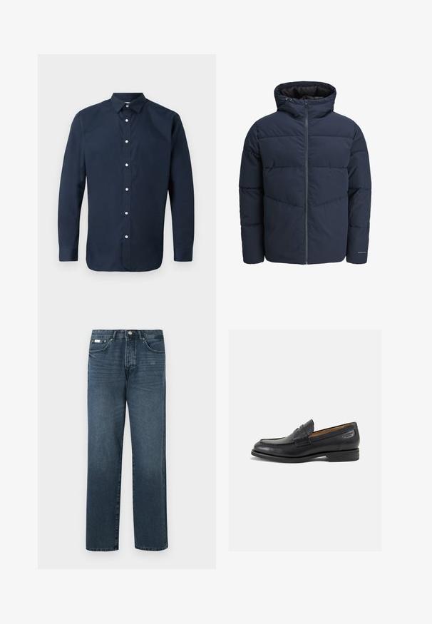 Marineblauwe pufferjas met capuchon, ritssluiting aan de voorkant en chevron-stikpatroon. Gemaakt van textiel met een gestructureerde stof, elastische manchetten en een logo-detail.; Navyblauwe longsleeve shirt van glad katoen met een spread collar, een knoopsluiting aan de voorkant en knoopmanchetten. Geen zichtbare patronen.; Donkerblauwe denim jeans met een rechte pasvorm, vijf zakken, riemlussen en een ritsgulp. Glad textuur met subtiele vervagingdetails.; Zwarte leren loafers met een gladde afwerking, ronde neus en decoratieve stiksels op de wreef. Lage gestapelde hak en een lichte glans.