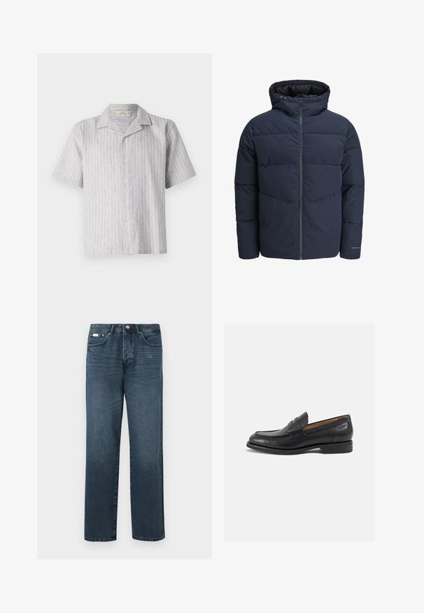 Veste en duvet navy avec capuche, fermeture éclair à l'avant et motif de piqûre en chevrons. Fabriquée en tissu texturé avec des poignets élastiques et un détail de logo.; Chemise à manches courtes à boutons en lin rayé bleu clair et blanc. Dotée d'un col classique et d'un ourlet droit, avec cinq boutons sur le devant.; Jean en denim bleu foncé avec une coupe droite, cinq poches, passants de ceinture et fermeture à glissière. Texture lisse avec des détails de décoloration subtils.; Mocassins en cuir noir avec une finition lisse, bout rond et coutures décoratives sur la tige. Talon bas empilé et léger brillant.