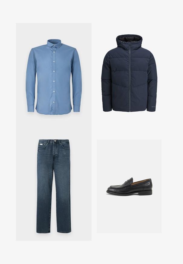 Casaco puffer azul-marinho com capuz, fecho de correr à frente e padrão de costura em Chevron. Feito de tecido texturizado com punhos elásticos e detalhe de logótipo.; Camisa de mangas longas azul clara com colarinho tipo botão, apresentando uma textura suave e seis botões brancos na parte da frente.; Jeans de ganga azul escuro com corte reto, cinco bolsos, passantes para cinto e fecho com zipper. Textura suave com detalhes de desbotamento sutis.; Mocassins pretos de pele com um acabamento suave, bico redondo e costura decorativa no a parte superior. Salto baixo e empilhado com um ligeiro brilho.