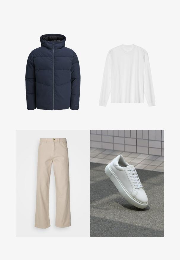 Navy pufferjakke med hette, glidelås foran og chevron søm mønster. Laget av strukturert stoff med elastiske mansjetter og logo detalj.; Langarmet hvit t-skjorte i bomull med rund hals og ribbestrikkede mansjetter. Enkelt, uornamentert design med glatt tekstur og standard passform.; Beige bomulls brede bukser med fem lommer, knappelukking og beltehemper; glatt tekstur med rett snitt og kant.; Hvit lær sneaker med glatt overflate, rund tå og flate hvite snøringer. Har en teksturert gummisåle og minimale design elementer.
