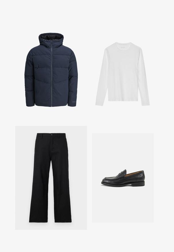 Veste en duvet navy avec capuche, fermeture éclair à l'avant et motif de piqûre en chevrons. Fabriquée en tissu texturé avec des poignets élastiques et un détail de logo.; T-shirt à manches longues de couleur blanche, fabriqué en tissu doux, avec un col rond et un design simple sans motifs ni accents visibles.; Pantalon noir à jambe droite en coton, doté d'une fermeture à bouton et de passants de ceinture. Texture lisse sans motifs ni accents visibles.; Mocassins en cuir noir avec une finition lisse, bout rond et coutures décoratives sur la tige. Talon bas empilé et léger brillant.