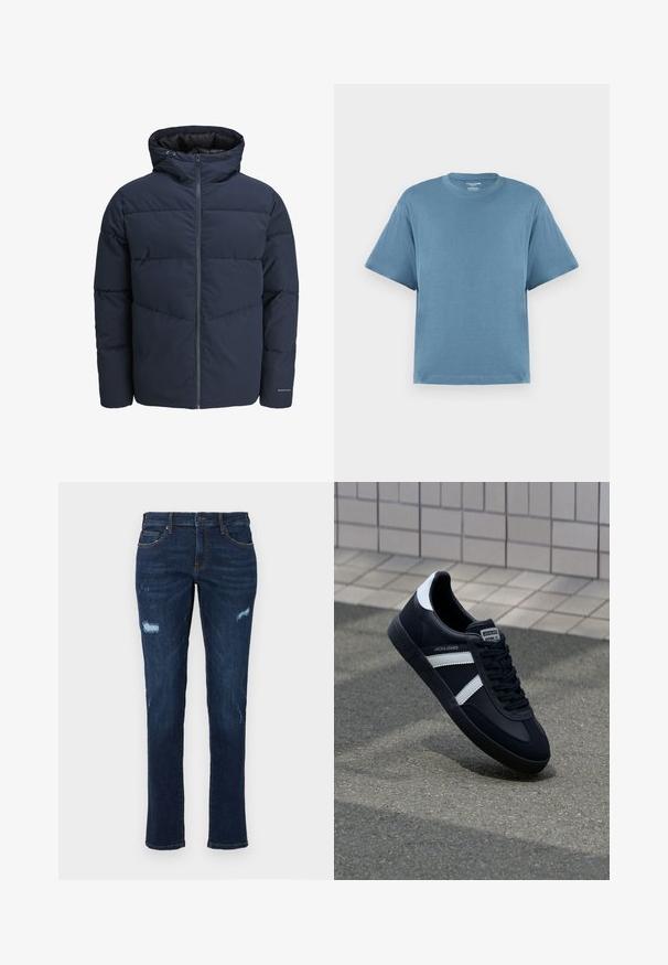 Mornarska puf jakna s kapuco, zadrgo spredaj in chevron vzorcem. Narejena iz teksturiranega blaga z elastičnimi manšetami in logotipom.; Modra kratka majica s kratkimi rokavi, izdelana iz bombaža, s krožnim ovratnikom in sproščenim krojem. Gladka tekstura, minimalistična zasnova, brez vzorcev ali dodatkov.; Temno modri jeansi iz denima s ravnim krojem, ki imajo obrabljene luknje na kolenih, tradicionalne žepe in vidno kontrastno šivanje.; Črne usnjene superge z belimi črtami, teksturiran gumijast podplat in zavezovanje spredaj. Imajo označeno oznako na ježku.