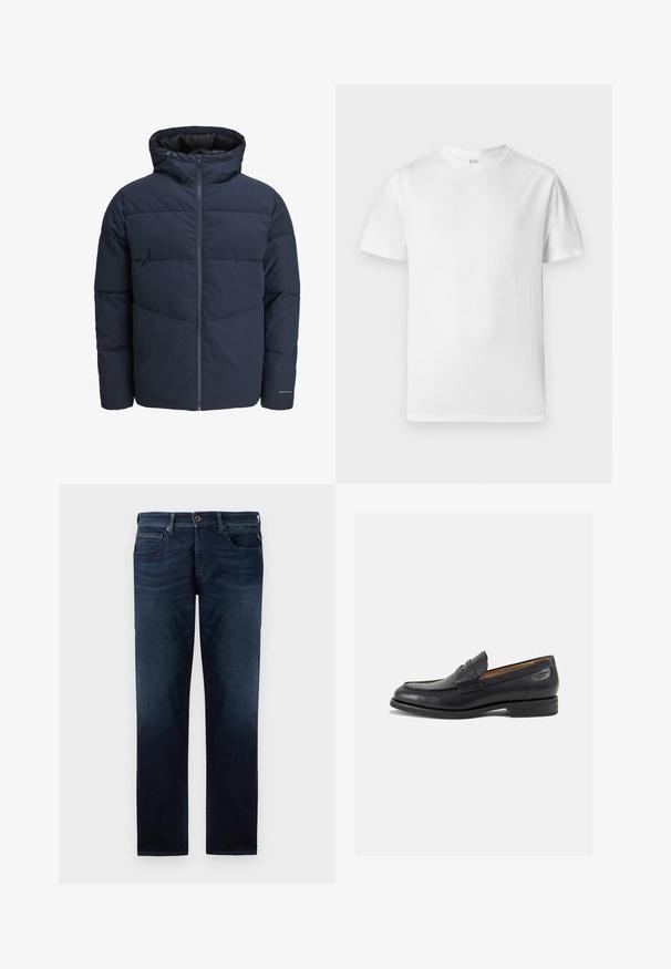 Námornícka prešívaná bunda s kapucňou, zipsom vpredu a šikmým prešívaním. Vyrobená z textúrovanej tkaniny s elastickými manžetami a detailom loga.; Biela tričko s krátkym rukávom vyrobené z jemnej bavlny. Obsahuje okrúhly výstrih a rovný lem s minimálnymi detailmi.; Tmavomodré džínsy s rovnými nohavicami, päť vreciek a viditeľné zapínanie na gombík v páse. Hladká textúra.; Čierne kožené mokasíny s hladkým povrchom, zaoblenou špičkou a dekoratívnym prešívaním na prednej časti. Nízky kokteilový opätok a jemný lesk.