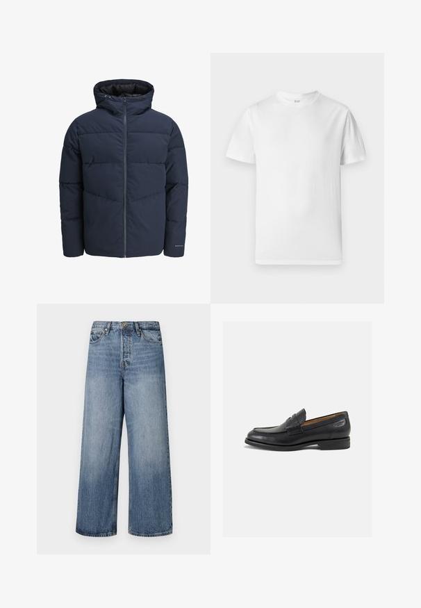 Námornícka prešívaná bunda s kapucňou, zipsom vpredu a šikmým prešívaním. Vyrobená z textúrovanej tkaniny s elastickými manžetami a detailom loga.; Biela tričko s krátkym rukávom vyrobené z jemnej bavlny. Obsahuje okrúhly výstrih a rovný lem s minimálnymi detailmi.; Široké modré džínsy s vyblednutým umývaním, dizajnom s piatimi vreckami a zapínaním na gombík. S opaskovými pútkami a prešitými detailmi.; Čierne kožené mokasíny s hladkým povrchom, zaoblenou špičkou a dekoratívnym prešívaním na prednej časti. Nízky kokteilový opätok a jemný lesk.