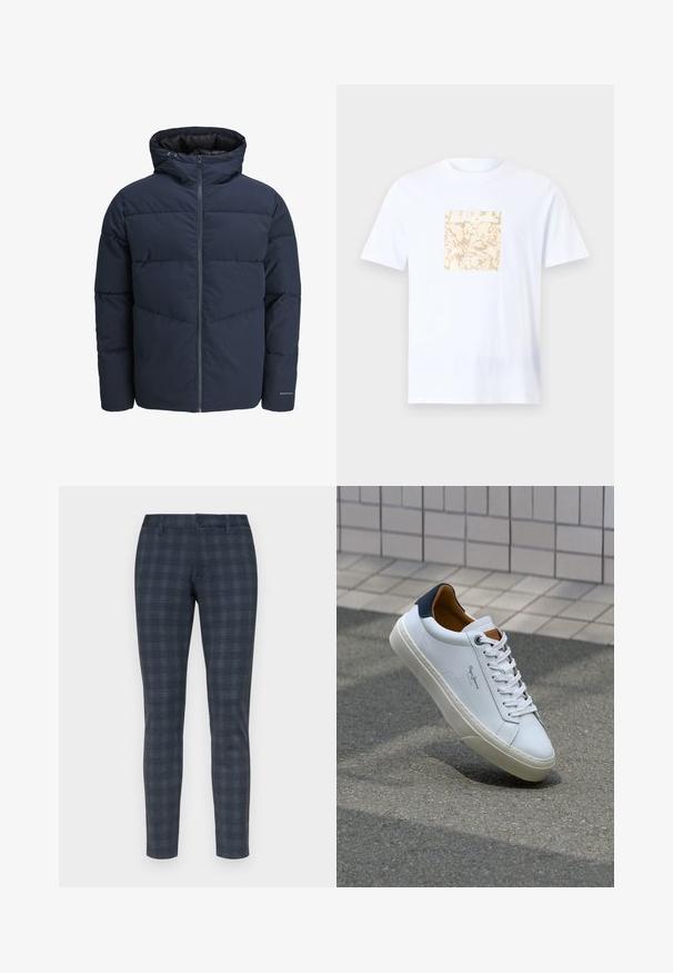 Námořnická puffer bunda s kapucí, zipem vpředu a šikmým švem. Vyrobena z texturované látky s elastickými manžetami a detailem loga.; Bílé bavlněné tričko s béžovým čtvercovým potiskem s texturovaným vzorem ve středu. Krátké rukávy a kulatý výstřih.; Slim-fit, tmavě modré kostkované kalhoty s jemnou strukturou, s předním zapínáním na knoflík a poutky na opasek. Hladká látka s elegantním střihem.; Bílé kožené tenisky s námořnickým podpatkem, kulatou špičkou a kontrastními hnědými detaily. Obsahují ploché tkaničky a texturovanou gumovou podrážku.