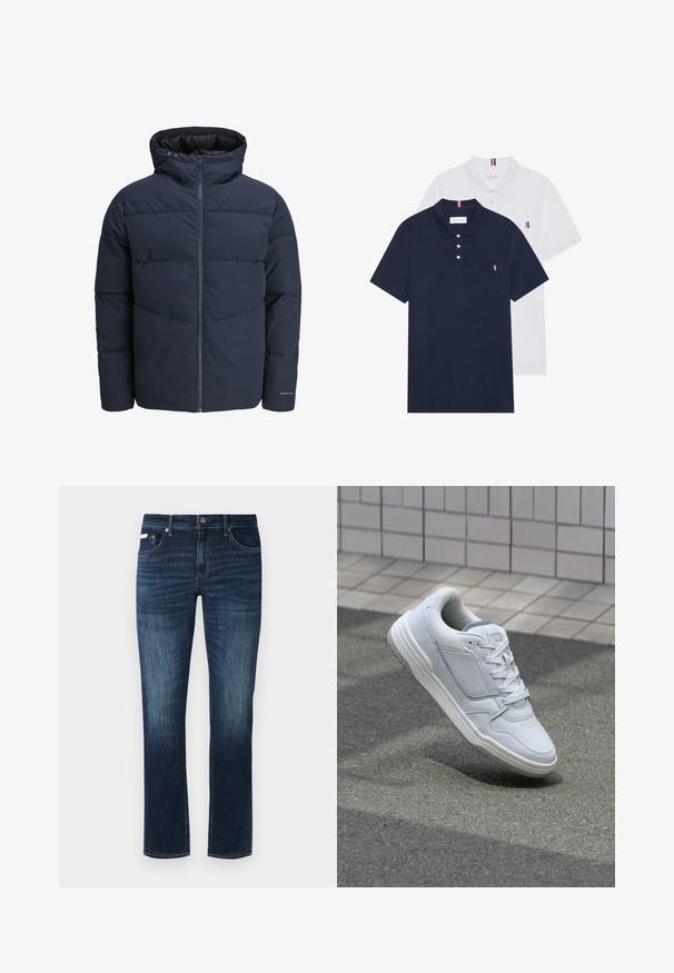 Jūras spēku stila pūkains džemperis ar kapuci, ar rāvējslēdzēju priekšpusē un ķevrona šuvju rakstu. Izgatavots no teksturēta auduma, ar elastīgām aprocēm un logotipa detalizāciju.; Divas polo kreklu komplekts: viens tumši zils un viens balts, abi ar mazu sarkanu, baltu un zilu akcentu uz krūšu kabatas un apkakles.; Tumši zili džinsu bikses ar taisnu kāju piegriezumu, kurām ir klasiskā piecu kabatu dizains, varš aparatūra un viegli izbalējuši detalizējumi.; Baltas ādas sporta apavi ar perforētiem sāniem, teksturētām akcentiem, plakanu šņorēšanu un kontrastējošu pelēku papēdi. Iezīmē nedaudz paaugstinātu zole.