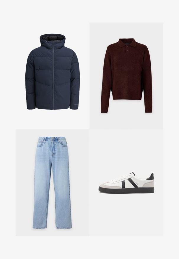 Chaqueta acolchada azul marino con capucha, cierre de cremallera y patrón de costura en forma de chevrón. Fabricada con un tejido texturizado, cuenta con puños elásticos y un detalle de logo.; Pulóver marrón de punto con cuello polo, tres botones en el cuello y mangas largas. Textura suave, puños y dobladillo acanalados.; Vaqueros de denim azul claro con un corte recto, cintura alta, cinco bolsillos y cierre con botón superior. Presenta un lavado desvanecido y costuras en contraste.; Zapatilla blanca con acentos en negro y gris, que presenta una puntera texturizada en gris, suela de goma negra y cordones planos blancos. Diseño limpio, estilo minimalista.
