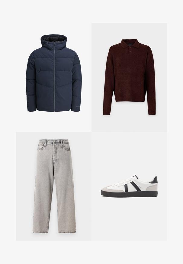 Chaqueta acolchada azul marino con capucha, cierre de cremallera y patrón de costura en forma de chevrón. Fabricada con un tejido texturizado, cuenta con puños elásticos y un detalle de logo.; Pulóver marrón de punto con cuello polo, tres botones en el cuello y mangas largas. Textura suave, puños y dobladillo acanalados.; Pantalones vaqueros de corte amplio en denim gris con un lavado desvanecido, cinco bolsillos, trabillas para cinturón y costuras en contraste. Textura suave y corte recto.; Zapatilla blanca con acentos en negro y gris, que presenta una puntera texturizada en gris, suela de goma negra y cordones planos blancos. Diseño limpio, estilo minimalista.