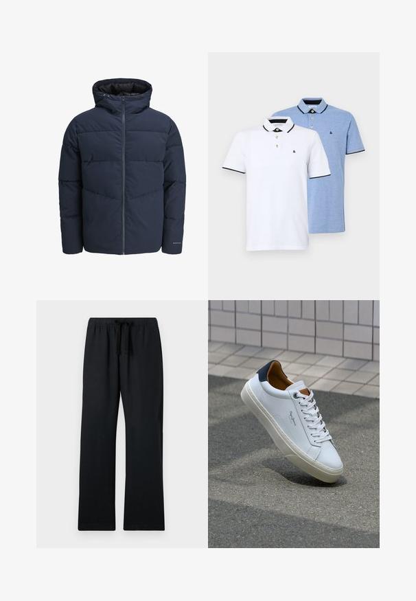 Ναυτικό μπουφάν με κουκούλα, μπροστινό φερμουάρ και σχέδιο βέλους. Κατασκευασμένο από υφασμάτινη υφή με ελαστικούς καρπούς και λεπτομέρεια λογότυπου.; Δύο πόλο πουκάμισα: το ένα λευκό με μαύρες λεπτομέρειες, το άλλο ανοιχτό μπλε με απόχρωση. Κάθε ένα διαθέτει γιακά και πατιλέτα με δύο κουμπιά με λογότυπο.; Μαύρο, φαρδύ παντελόνι με ελαστική μέση και ρυθμιζόμενο κορδόνι. Λείο ύφασμα, ίσια γραμμή και χωρίς σχέδια.; Λευκό δερμάτινο αθλητικό παπούτσι με ναυτική φτέρνα, στρογγυλή μύτη και αντίθετα καφέ αξεσουάρ. Διαθέτει επίπεδους κορδόνες και υφή από καουτσούκ στη σόλα.