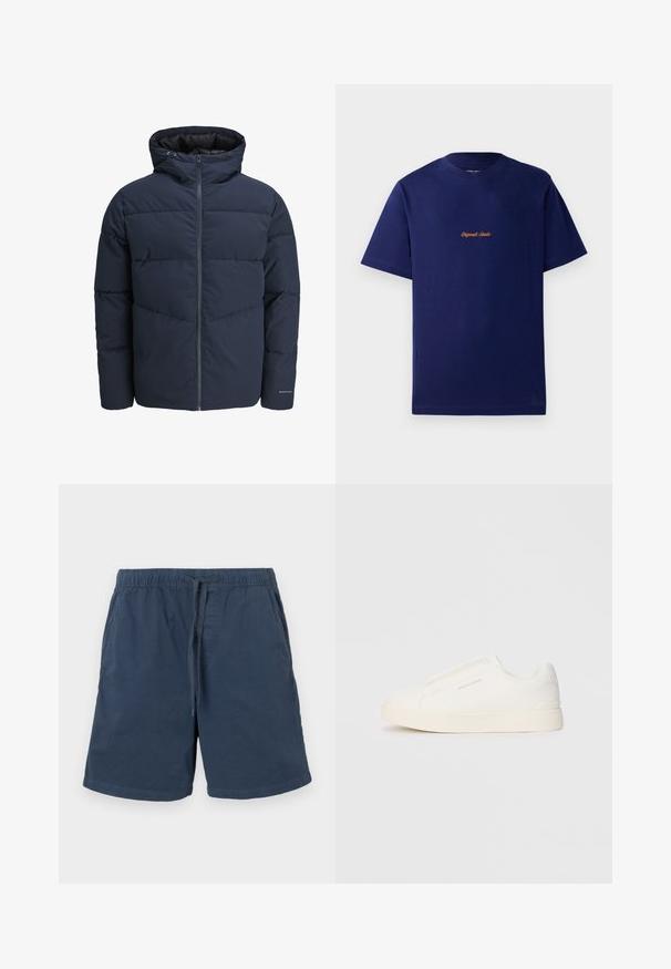 Navy pufferjakke med hette, glidelås foran og chevron søm mønster. Laget av strukturert stoff med elastiske mansjetter og logo detalj.; Marineblå bomull t-skjorte med korte ermer. Har en liten, oransje brodert logo på brystet. Klassisk rund hals-designer.; Mørkeblå bomullsshorts med elastisk midje og snøring. Har sidelommer og rett snitt.; Hvite slip-on joggesko med teksturert overflate, tykk såle og minimalistisk design. Har merkevarelogo på siden.