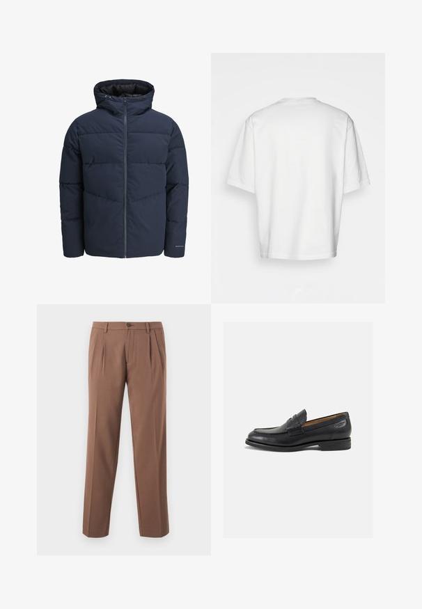 Tamsiai mėlynas pūkinis švarkas su gaubtu, užtrauktuku priekyje ir chevrono raštu. Pagamintas iš tekstūruotos medžiagos su elastinėmis rankovėmis ir logotipo detale.; Balta trumpa rankovėmis marškinėliai, laisvas kirpimas, apvalus iškirpimas, lygaus džinsinio audinio, nepuošta nugara, tiesiai kraštu, be raštų ar akcentų.; Rudos plisuoti kelnės su tiesiu pėdkelnių dizainu, su vieninteliu mygtuko užsegimu ir lygiu, tekstūruotu audiniu.; Juodi odiniai loafersai su lygiu paviršiumi, apvaliu pirštu ir dekoratyvine siūlė viršuje. Žemas sustiprintas kulnas ir lengvas blizgesys.