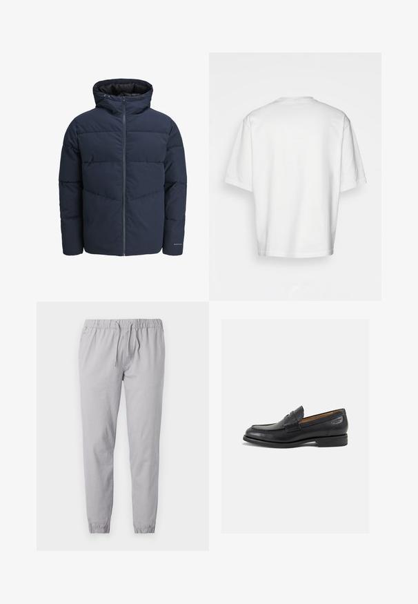 Námořnická puffer bunda s kapucí, zipem vpředu a šikmým švem. Vyrobena z texturované látky s elastickými manžetami a detailem loga.; Bílý krátký rukáv tričko, volný střih, kulatý výstřih, hladká bavlněná tkanina, nezdobený zadní díl, rovný lem, žádné vzory ani akcenty.; Světlé šedé tepláky vyrobené z měkké tkaniny, s elastickým pasem a stahovací šňůrkou, a zúženými lemy s nabíraným zakončením.; Černé kožené mokasíny s hladkým povrchem, zaoblenou špičkou a dekorativním prošíváním na svršku. Nízký podpatka a mírný lesk.