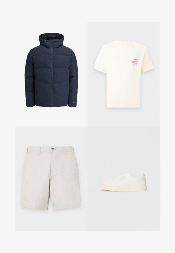 Jūras spēku stila pūkains džemperis ar kapuci, ar rāvējslēdzēju priekšpusē un ķevrona šuvju rakstu. Izgatavots no teksturēta auduma, ar elastīgām aprocēm un logotipa detalizāciju.; Balts īsām piedurknēm T-krekls ar sarkanu tekstu "Studio Originals Edition" uz kreisā krūšu, pakārtots neitrālā pelēkā fonā.; Bēša lina šorti ar taisnu griezumu, ar priekšējo pogas aizvēršanu, jostas cilpām un divām sānu kabatām. Tekstūra audums.; Baltas slip-on sporta apavi ar teksturētu virsmu, biezu zoli un minimālistisku dizainu. Sānos redzams zīmola logotips.