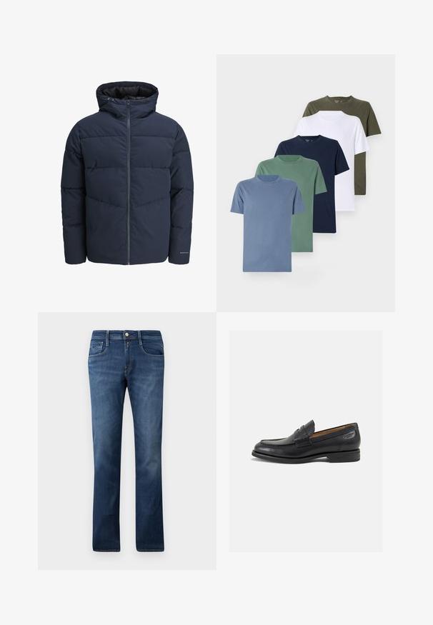 Jachetă puffer de culoare bleumarin cu glugă, închidere cu fermoar pe față și model de cusături în formă de V. Fabricată dintr-un material texturat, cu manșete elastice și detalii cu logo.; Cinco tricouri cu guler rotund în diferite culori: albastru deschis, verde, bleumarin, alb și olive. Realizate din bumbac, cu mâneci scurte și un logo subtil.; Jeans din denim albastru cu un design drept, dotate cu buzunare frontale, fermoar și închidere cu buton. Ușor decolorate, cu o spălare medie.; Mocasini din piele neagră cu o finisare netedă, vârf rotund și cusături decorative pe partea superioară. Toc mic și stivuit, cu o ușoară strălucire.