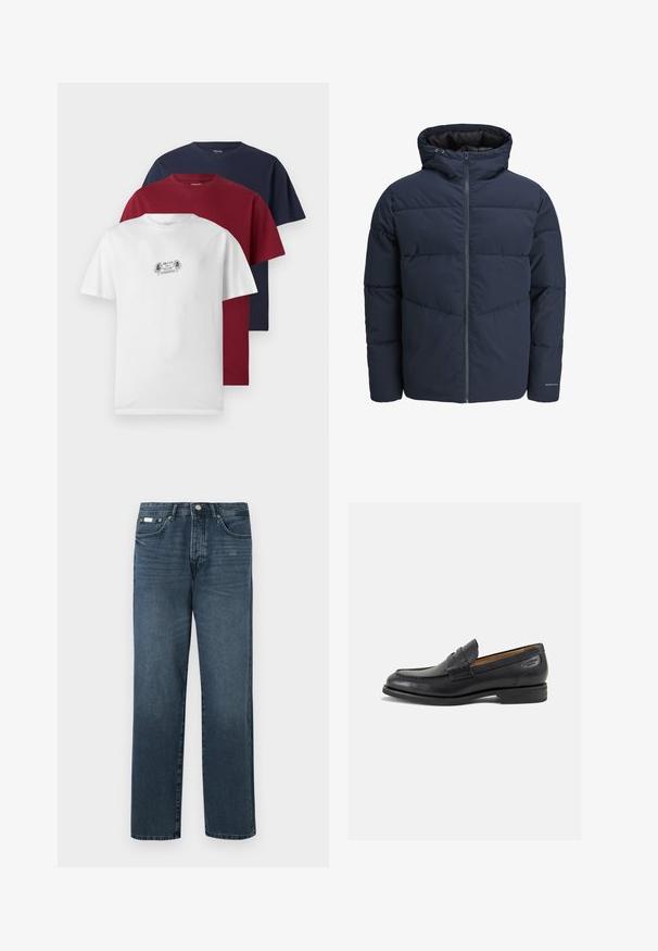 Mornarska puf jakna s kapuco, zadrgo spredaj in chevron vzorcem. Narejena iz teksturiranega blaga z elastičnimi manšetami in logotipom.; Tri kratke rokave majice v beli, burgundsko rdeči in mornarsko modri barvi. Vsaka ima okroglo ovratnik in mehko bombažno blago, pri beli majici pa je prikazana majhna grafika.; Temno modri džins hlače z ravnim krojem, petimi žepi, obrobo za pas in zadrgo. Gladek material z nežnimi podrobnostmi zbledenja.; Črne usnjene loafers cipele z gladko površino, zaobljenim nosom in dekorativnim šivom na vampu. Nizek zloženi peti in rahla sijaj.