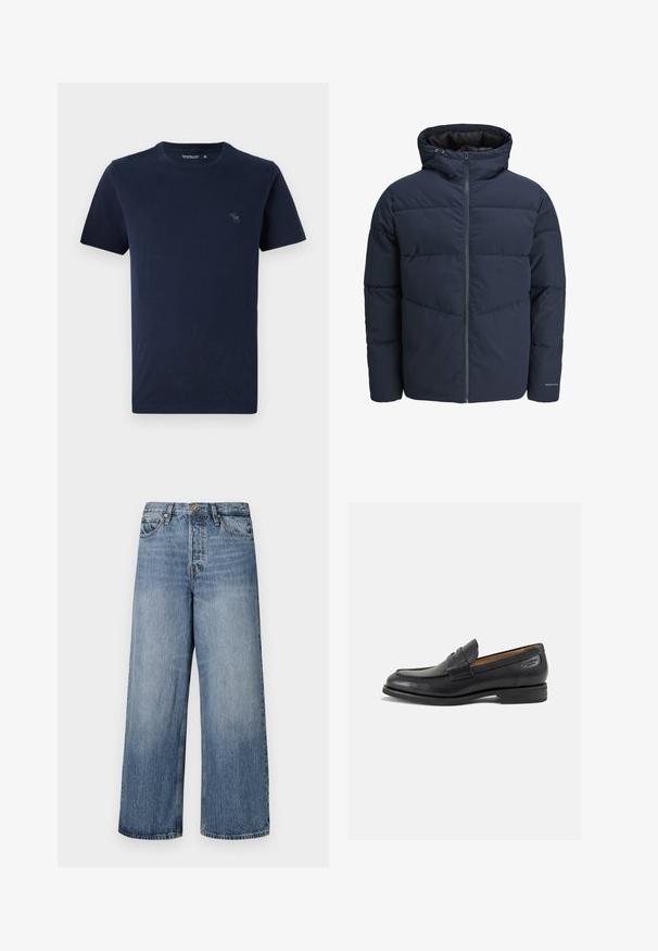 Jachetă puffer de culoare bleumarin cu glugă, închidere cu fermoar pe față și model de cusături în formă de V. Fabricată dintr-un material texturat, cu manșete elastice și detalii cu logo.; Tricou din bumbac de culoare albastru marin, cu mâneci scurte și guler rotund, având un mic logo brodat cu un cerb pe pieptul stâng. Textură netedă.; Jeans din denim blue, cu croială largă, cu un finisaj decolorat, design cu cinci buzunare și închidere cu buton. Echipate cu bucle pentru curea și detalii cusute.; Mocasini din piele neagră cu o finisare netedă, vârf rotund și cusături decorative pe partea superioară. Toc mic și stivuit, cu o ușoară strălucire.