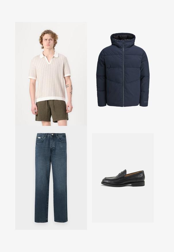 Námornícka prešívaná bunda s kapucňou, zipsom vpredu a šikmým prešívaním. Vyrobená z textúrovanej tkaniny s elastickými manžetami a detailom loga.; Polo s krátkym rukávom z textúrovaného béžového úpletu, s bielym golierom a lemovaním. Nosené s olivovozelenými šortkami.; Tmavomodré denimové džínsy so strihom rovného strihu, piatimi vreckami, pútkami na opasok a zipsom. Hladká textúra s jemnými efektmi vyblednutia.; Čierne kožené mokasíny s hladkým povrchom, zaoblenou špičkou a dekoratívnym prešívaním na prednej časti. Nízky kokteilový opätok a jemný lesk.