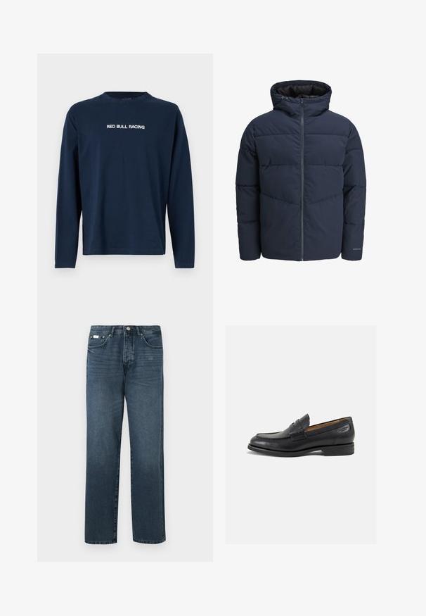 Tamsiai mėlynas pūkinis švarkas su gaubtu, užtrauktuku priekyje ir chevrono raštu. Pagamintas iš tekstūruotos medžiagos su elastinėmis rankovėmis ir logotipo detale.; Tamsiai mėlynos ilgos rankovės marškiniai iš medvilnės su apvalia kaklo anga ir balta užrašu "RED BULL RACING" per krūtinę.; Tamsiai mėlynos džinsinės kelnės, tiesaus modelio, su penkiomis kišenėmis, diržo kilpomis ir užtrauktuku. Lygaus tekstūros su subtiliais blukimo akcentais.; Juodi odiniai loafersai su lygiu paviršiumi, apvaliu pirštu ir dekoratyvine siūlė viršuje. Žemas sustiprintas kulnas ir lengvas blizgesys.