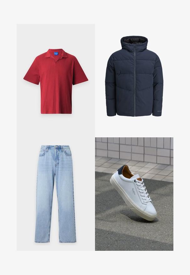 Tumesinine puhvpusa, millel on kapuuts, lukuga ees ja chevroni tikandi muster. Valmistatud tekstuursetest kangast, millel on elastsed mansetid ja logodetail.; Punane lühikeste varrukatega polo särk, millel on vertikaalne sooniktekstuur, soonikuga kaelus ja sisekrae peal sildiga etikett.; Heledad sinised teksad sirge lõikega, kõrge vöökoht, viis taskut ja ülemine nööp sulgemiseks. Omab pleekinud pesu ja kontrastset õmblust.; Valge nahast tennis, millel on tumesinine konts, ümmargune nina ja kontrastsed pruuni aktsendid. Omab lamepaelti ja tekstureeritud kummist tallat.