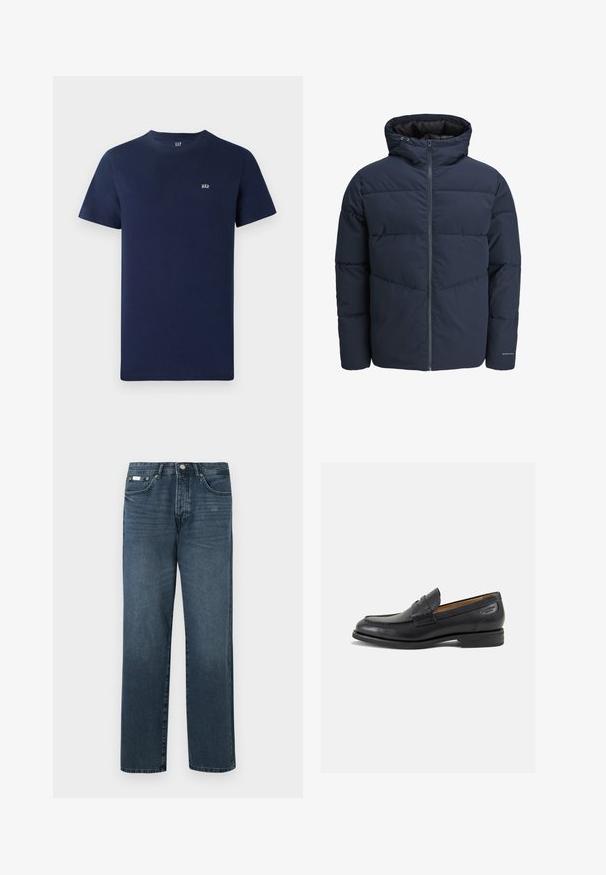 Meripihkalaavun takki hupulla, vetoketjulla ja chevron-niittykuviolla. Valmistettu teksturoidusta kankaasta, jossa on joustavat hihansuut ja logoyksityiskohta.; T-paita, jossa on tummansininen puuvilla, lyhyet hihat, pyöreä kaula-aukko ja pieni brodattu logo rinnassa. Yksinkertainen muotoilu, koristelematon rakenne.; Tummansiniset farkut suoralla istuvuudella, viisi taskua, vyölenkit ja vetoketjuluukku. Sileä pinta, jossa on hienovaraisia kulumisia.; Mustat nahkaloaferit, joissa on sileä pinta, pyöreä varvas ja koristeompeleet varpaansuojassa. Matala pinottu korko ja hieno kiilto.