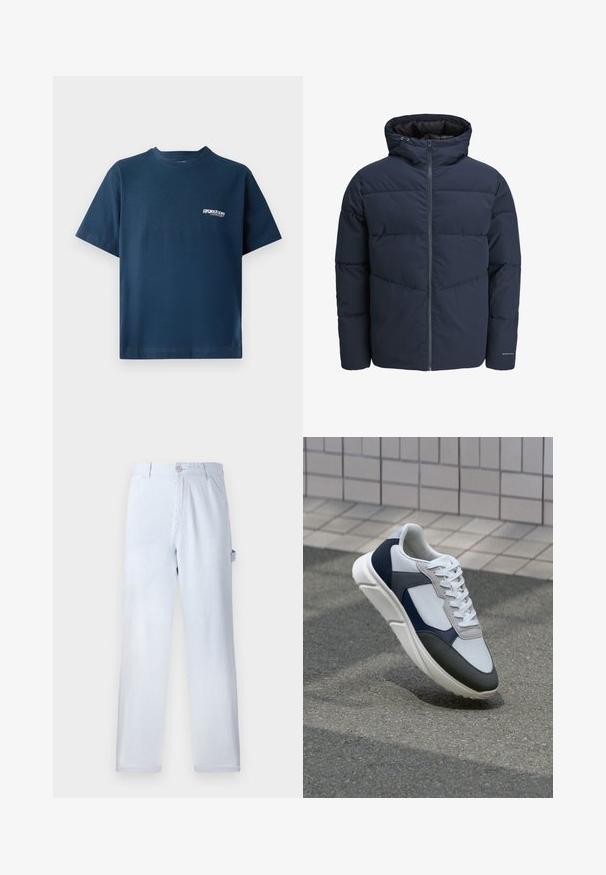 Jachetă puffer de culoare bleumarin cu glugă, închidere cu fermoar pe față și model de cusături în formă de V. Fabricată dintr-un material texturat, cu manșete elastice și detalii cu logo.; Tricou din bumbac de culoare albastru marin, cu mâneci scurte și decolteu rotund. Prezentând un mic logo alb în zona stângă a pieptului. Textură moale.; Pantaloni de bumbac raiati de culoare bleu deschis. Design cu picioare drepte, dotati cu un închidere frontală cu nasture și buzunare laterale. Textură moale.; Tenisi albi, bleumarin și gri, cu un design din materiale mixte, având un superior texturat, șireturi plate și o talpă căptușită.