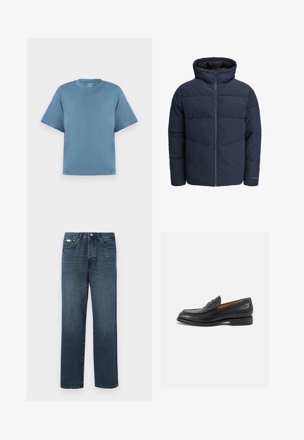 Marineblå pufferjakke med hætte, lynlås foran og chevron syning mønster. Lavet af tekstureret stof med elastiske manchetter og logo detaljer.; Blå kortærmet t-shirt, lavet af bomuld, med rund hals og løs pasform. Glat tekstur, minimalistisk design, uden mønstre eller accenter.; Mørkeblå denimbukser med lige pasform, fem lommer, bæltestropper og lynlås. Glat tekstur med subtile blegede detaljer.; Sorte læder loafers med en glat finish, rund tå og dekorativ syning på vampen. Lav stablet hæl og let glans.