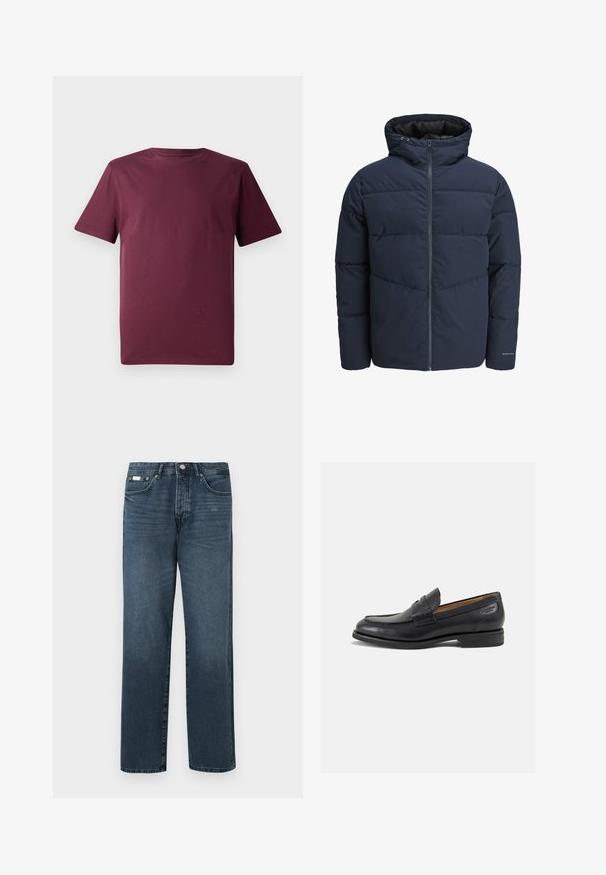 Marineblaue Pufferjacke mit Kapuze, Reißverschluss vorne und Chevron-Nähten. Hergestellt aus strukturiertem Stoff mit elastischen Bündchen und einem Logodetail.; Bordeauxfarbenes kurzärmliges T-Shirt, gefertigt aus glattem Baumwollstoff, mit klassischem Rundhalsausschnitt und lockerem Schnitt ohne sichtbare Muster oder Akzente.; Dunkelblaue Jeans aus Denim mit geradem Schnitt, fünf Taschen, Gürtelschlaufen und Reißverschluss. Glatte Textur mit dezenten Ausbleichungen.; Schwarze Leder Slipper mit glatter Oberfläche, runder Spitze und dekorativer Naht auf dem Vorderblatt. Niedriger Blockabsatz und leichter Glanz.