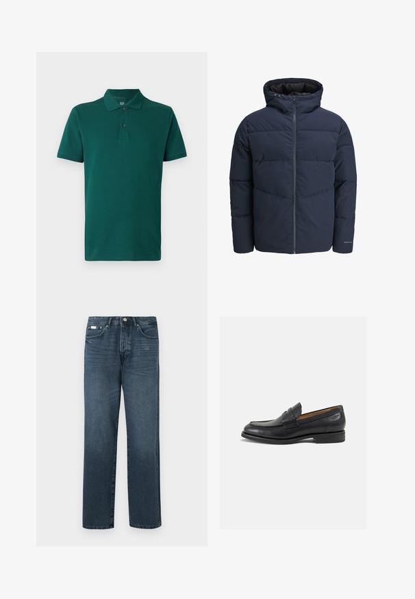 Giacca a vento blu navy con cappuccio, chiusura con zip e motivo a zig-zag. Realizzata in tessuto testurizzato con polsini elasticizzati e dettaglio del logo.; Polo verde in cotone. Presenta un colletto classico, maniche corte e tre bottoni sul collo. Texture liscia.; Jeans in denim blu scuro con vestibilità dritta, cinque tasche, passanti per cintura e zip frontale. Tessuto liscio con dettagli di sfumatura discreti.; Mocassini in pelle nera con finitura liscia, punta arrotondata e cuciture decorative sulla tomaia. Tacco basso impilato e leggero lucido.