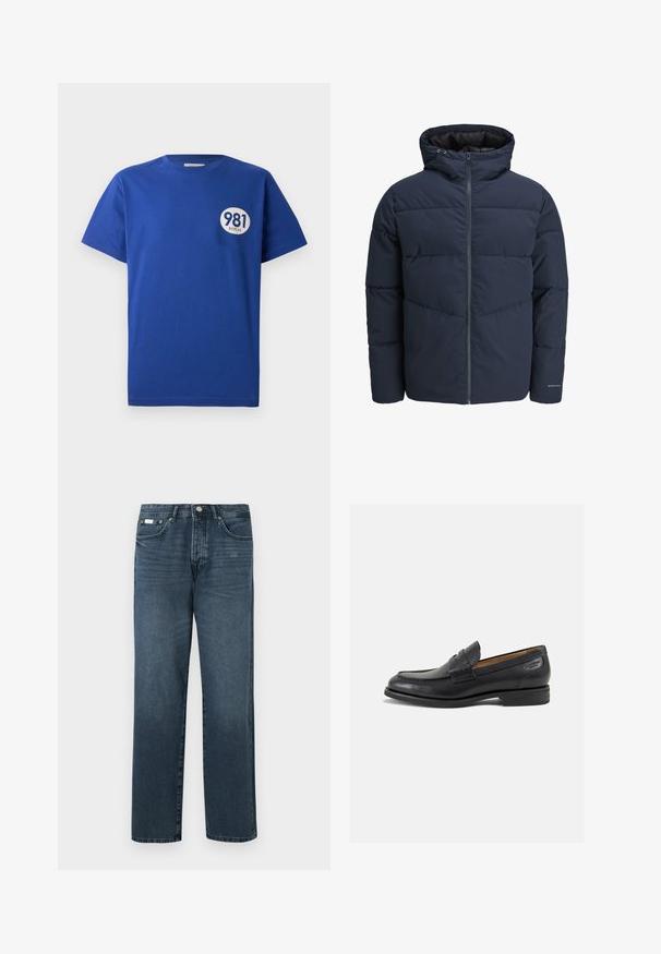 Navy pufferjakke med hette, glidelås foran og chevron søm mønster. Laget av strukturert stoff med elastiske mansjetter og logo detalj.; Blå bomull t-skjorte med korte ermer, rund hals og et hvitt ovalt logo med tallene "981" og ordet "REPLAY" trykt på forsiden.; Mørkeblå denimjeans med rett passform, fem lommer, beltehemper og glidelås. Jeansen har en jevn tekstur med subtile falming detaljer.; Sorte lær loafers med en glat overflade, rund tå og dekorativ syning på forfoden. Lav stablet hæl og let glans.