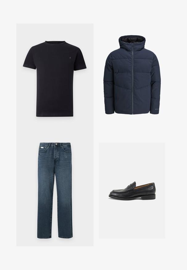Marineblå pufferjakke med hætte, lynlås foran og chevron syning mønster. Lavet af tekstureret stof med elastiske manchetter og logo detaljer.; Sort kortærmet t-shirt med rund hals og lille broderet logo på venstre bryst, enkel design, afslappet pasform.; Mørkeblå denimbukser med lige pasform, fem lommer, bæltestropper og lynlås. Glat tekstur med subtile blegede detaljer.; Sorte læder loafers med en glat finish, rund tå og dekorativ syning på vampen. Lav stablet hæl og let glans.