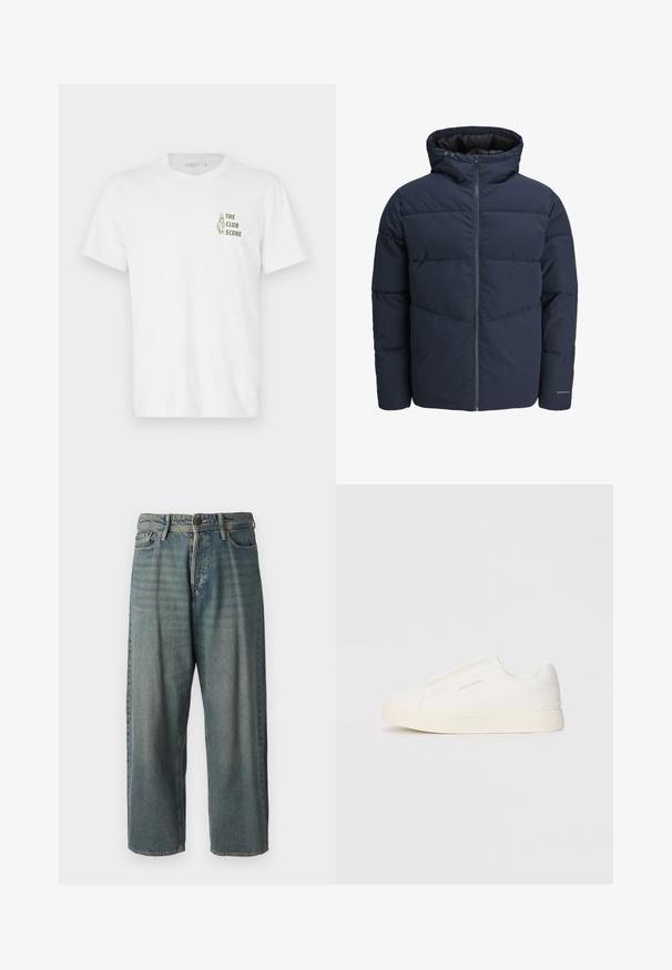 Námořnická puffer bunda s kapucí, zipem vpředu a šikmým švem. Vyrobena z texturované látky s elastickými manžetami a detailem loga.; Bílý bavlněný tričko s textem "KLUBOVÁ SCÉNA" v zelené barvě, umístěným na levé oblasti hrudi, s jednoduchým kulatým výstřihem.; Světle modré denimové džíny s volným střihem, středně vysokým pasem a rovnými nohavicemi. Obsahují pět kapes, poutka na opasek a zapínání na knoflík.; Bílé slip-on tenisky s texturovaným povrchem, silnou podešví a minimalistickým designem. Na boku je umístěno logo značky.