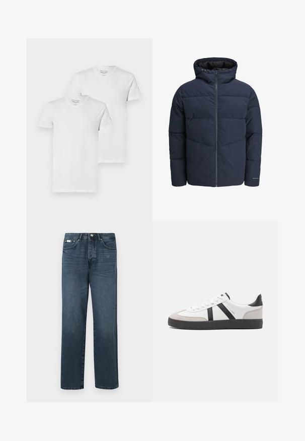 Marineblå pufferjakke med hætte, lynlås foran og chevron syning mønster. Lavet af tekstureret stof med elastiske manchetter og logo detaljer.; To hvide V-hals T-shirts lavet af bomuld, med korte ærmer og en afslappet pasform, med brandlogoet trykt på den ene ærme.; Mørkeblå denimbukser med lige pasform, fem lommer, bæltestropper og lynlås. Glat tekstur med subtile blegede detaljer.; Hvide sneakers med sorte og grå detaljer, med en tekstureret grå tåhætte, sort gummisål og flade hvide snørebånd. Rent design, minimalistisk stil.