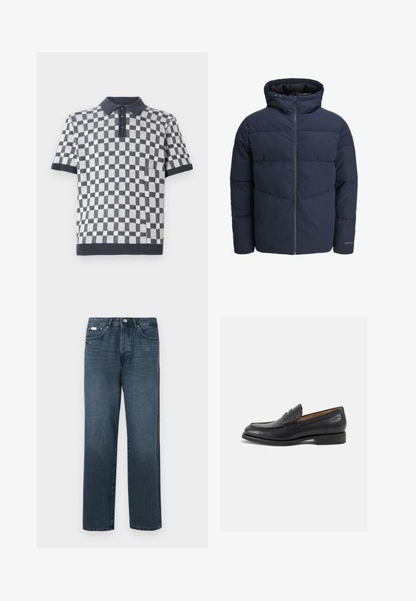Tamsiai mėlynas pūkinis švarkas su gaubtu, užtrauktuku priekyje ir chevrono raštu. Pagamintas iš tekstūruotos medžiagos su elastinėmis rankovėmis ir logotipo detale.; Trumpas rankovėmis polo marškinėliai su juodai baltu languotu raštu, turintys tamsų apykaklę ir tris mygtukų eiles. Textūruotas audinys.; Tamsiai mėlynos džinsinės kelnės, tiesaus modelio, su penkiomis kišenėmis, diržo kilpomis ir užtrauktuku. Lygaus tekstūros su subtiliais blukimo akcentais.; Juodi odiniai loafersai su lygiu paviršiumi, apvaliu pirštu ir dekoratyvine siūlė viršuje. Žemas sustiprintas kulnas ir lengvas blizgesys.