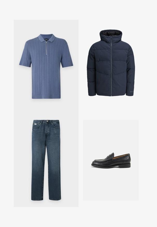 Casaco puffer azul-marinho com capuz, fecho de correr à frente e padrão de costura em Chevron. Feito de tecido texturizado com punhos elásticos e detalhe de logótipo.; Polo sweater azul de manga curta com um design texturizado e fecho de meia-zíper. Feito de um tecido de malha suave com um colarinho clássico.; Jeans de ganga azul escuro com corte reto, cinco bolsos, passantes para cinto e fecho com zipper. Textura suave com detalhes de desbotamento sutis.; Mocassins pretos de pele com um acabamento suave, bico redondo e costura decorativa no a parte superior. Salto baixo e empilhado com um ligeiro brilho.