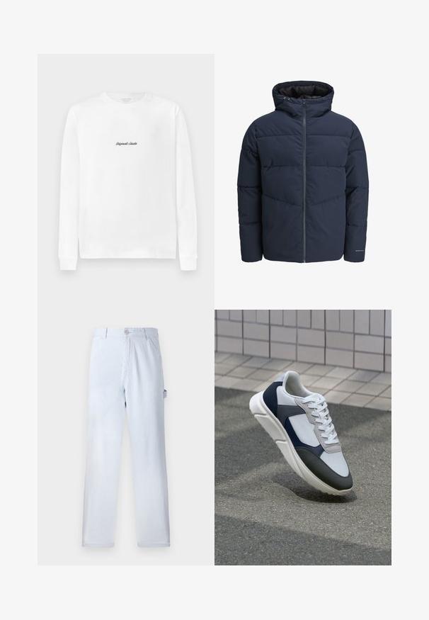 Navy puffer jacket with a hood, zip front, and chevron stitching pattern. Made from textured fabric with elastic cuffs and a logo detail.; White long-sleeve T-shirt with a small black script logo "Originals Studio" centered on the chest.; Light blue striped trousers made of cotton. Straight-leg design, featuring a front button closure and side pockets. Soft texture.; White, navy, and gray sneaker with a mixed material design, featuring a textured upper, flat laces, and a cushioned sole.