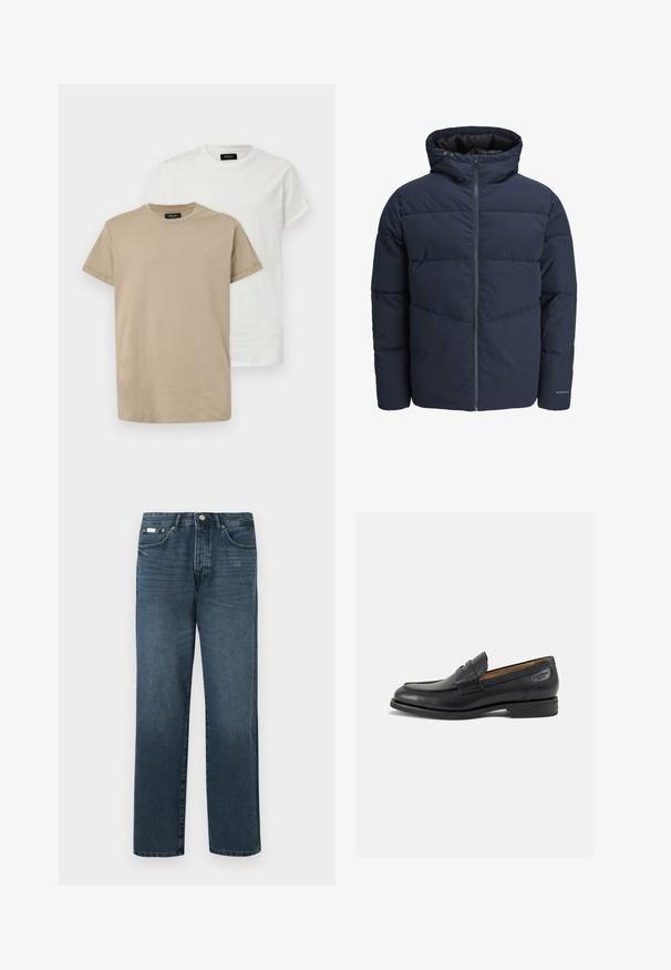 Námornícka prešívaná bunda s kapucňou, zipsom vpredu a šikmým prešívaním. Vyrobená z textúrovanej tkaniny s elastickými manžetami a detailom loga.; Dvoje tričiek v béžovej a bielej farbe, s okrúhlym výstrihom, krátkymi rukávmi a malým logom na hrudi. Vyrobené z mäkkej bavlny.; Tmavomodré denimové džínsy so strihom rovného strihu, piatimi vreckami, pútkami na opasok a zipsom. Hladká textúra s jemnými efektmi vyblednutia.; Čierne kožené mokasíny s hladkým povrchom, zaoblenou špičkou a dekoratívnym prešívaním na prednej časti. Nízky kokteilový opätok a jemný lesk.