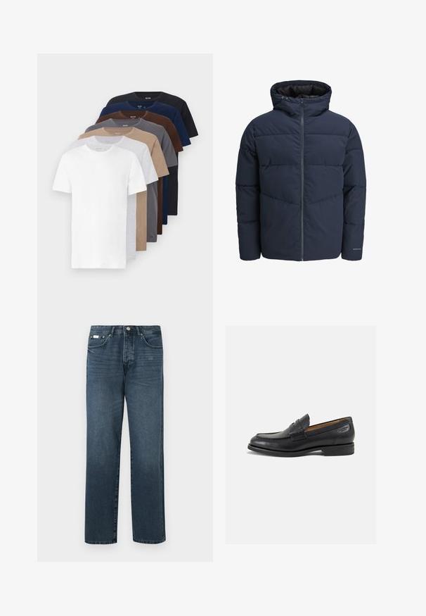 Marineblauwe pufferjas met capuchon, ritssluiting aan de voorkant en chevron-stikpatroon. Gemaakt van textiel met een gestructureerde stof, elastische manchetten en een logo-detail.; Acht kortere mouwen katoenen t-shirts in verschillende kleuren: wit, grijs, beige, bruin, marineblauw en zwart; klassiek ronde hals en zachte textuur.; Donkerblauwe denim jeans met een rechte pasvorm, vijf zakken, riemlussen en een ritsgulp. Glad textuur met subtiele vervagingdetails.; Zwarte leren loafers met een gladde afwerking, ronde neus en decoratieve stiksels op de wreef. Lage gestapelde hak en een lichte glans.