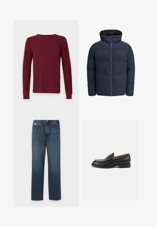 Granatowa kurtka puchowa z kapturem, zapinana na zamek, z wzorem w zygzak. Wykonana z teksturowanej tkaniny, z elastycznymi mankietami i detalem z logo.; Długi rękaw, Żebrowana koszulka w głębokim burgundzie, z okrągłym dekoltem i dopasowanymi mankietami. Gładka tekstura, bez widocznych wzorów czy akcentów.; Ciemnoniebieskie dżinsy o prostym kroju, pięć kieszeni, szlufki na pasek i zamek błyskawiczny. Gładka tekstura z delikatnymi szczegółami w odbarwieniach.; Czarne skórzane mokasyny o gładkim wykończeniu, zaokrąglonym nosku i dekoracyjnym przeszyciu na cholewce. Niski, warstwowy obcas i delikatny połysk.